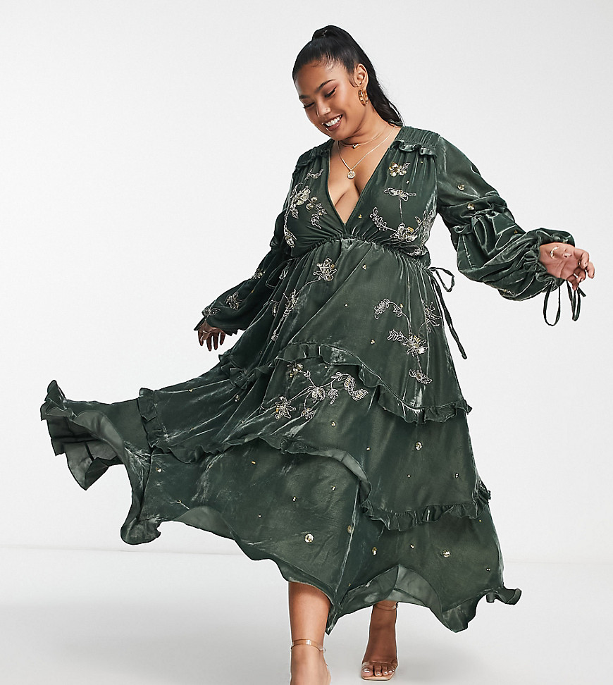 ASOS DESIGN Curve ruched tiered midi dress in velvet with floral embellishment detail in green