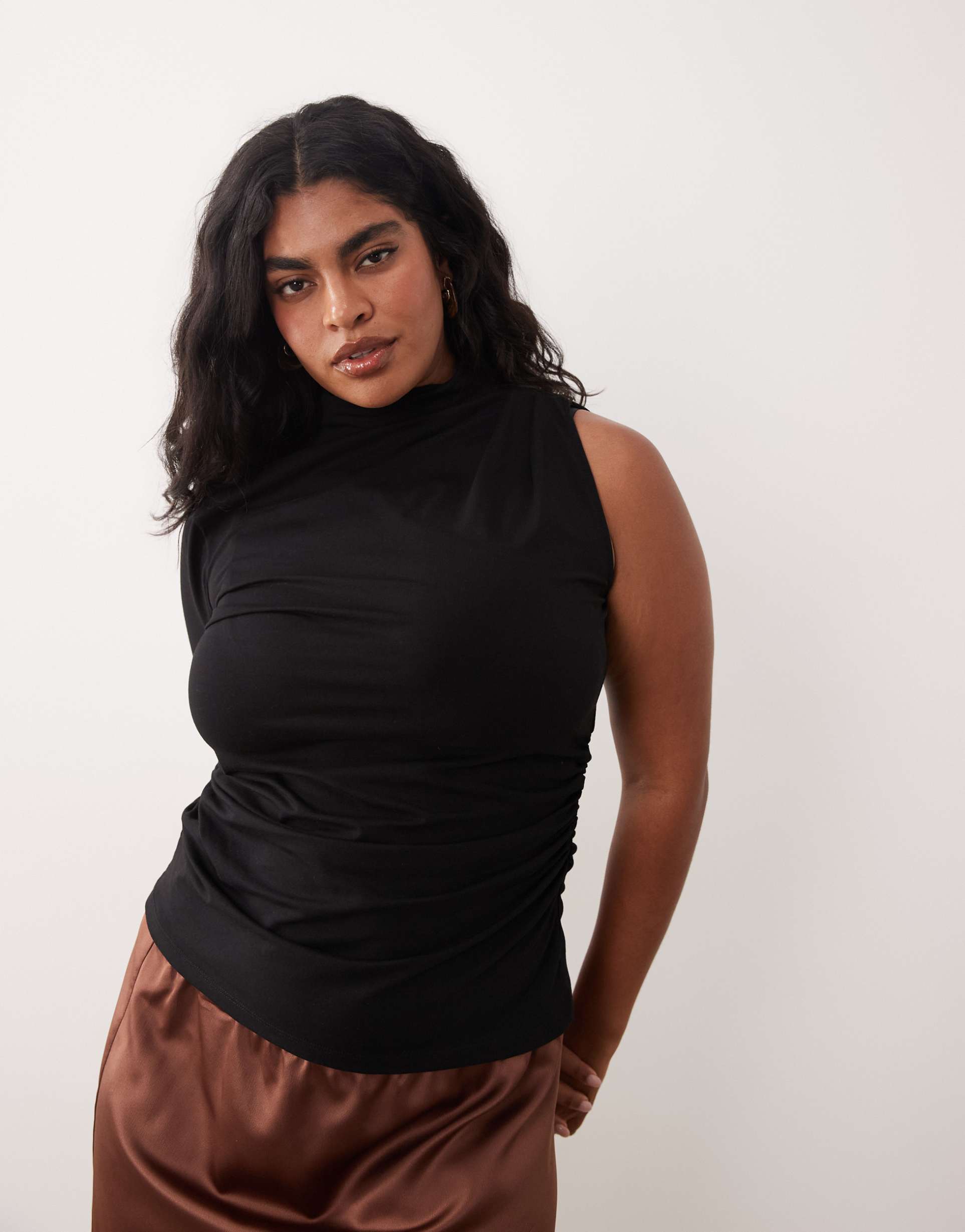 asos design curve ruched top with asymmetric sleeves in black