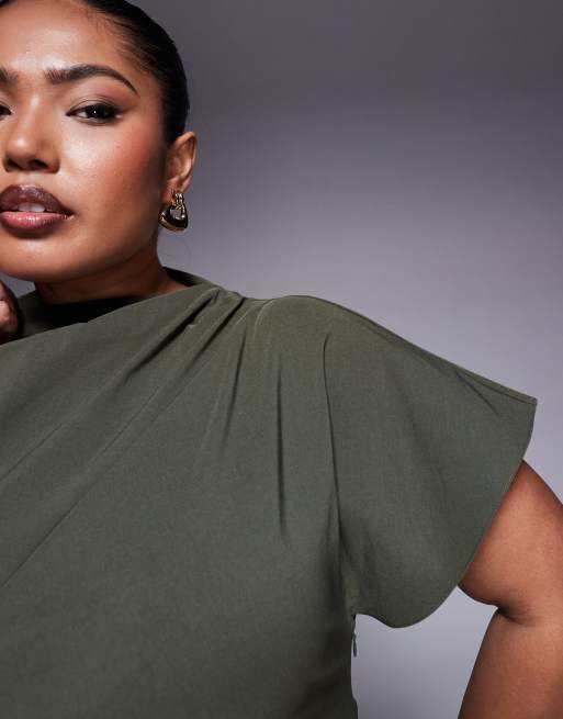 ASOS DESIGN Curve ruched waist bengaline midi dress in khaki green, 2 of 4