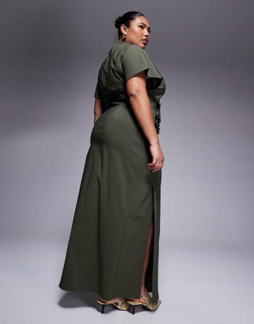 ASOS DESIGN Curve ruched waist bengaline midi dress in khaki green, 3 of 4