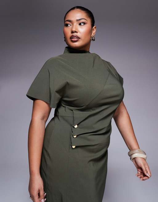 ASOS DESIGN Curve ruched waist bengaline midi dress in khaki green, 4 of 4