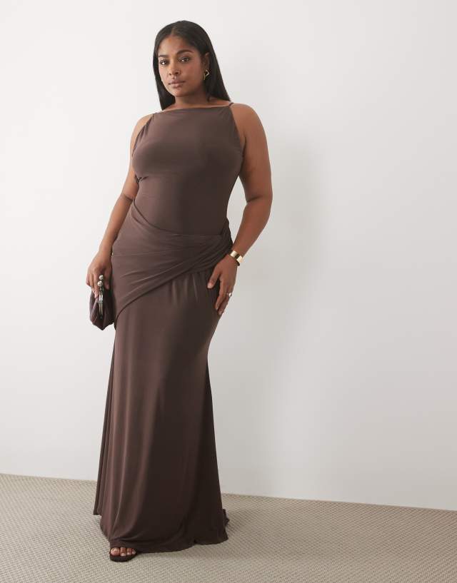 ASOS DESIGN Curve ruched waist slinky maxi dress in brown