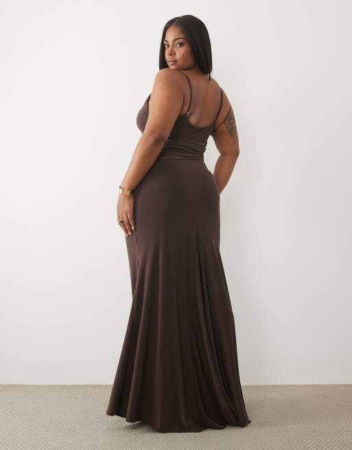 ASOS DESIGN Curve ruched waist slinky maxi dress in brown, 4 of 4