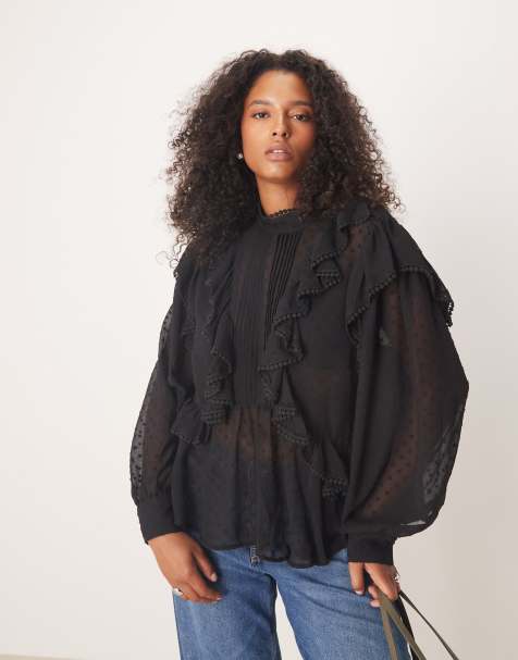 ASOS DESIGN Curve ruffle and embroidery detailing long sleeve blouse in black - view 1
