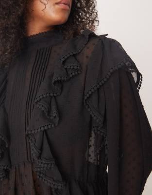 Asos Curve Asos Design Curve Ruffle And Embroidery Detailing Long Sleeve Blouse In Black