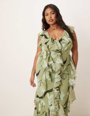 Asos Curve Asos Design Curve Ruffle Bias Cut Maxi Dress With Open Back
