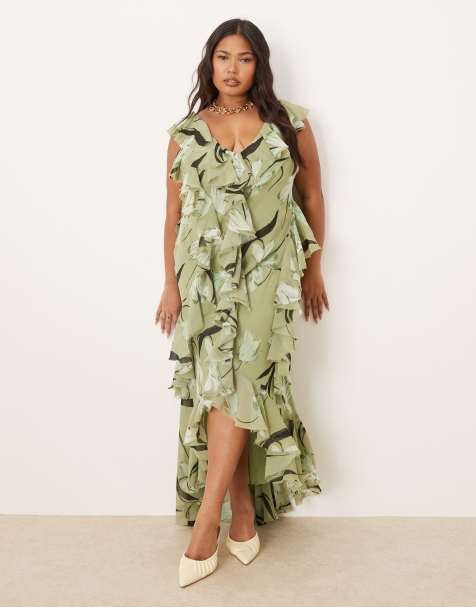 ASOS DESIGN Curve ruffle bias maxi dress with open back in green floral - view 1