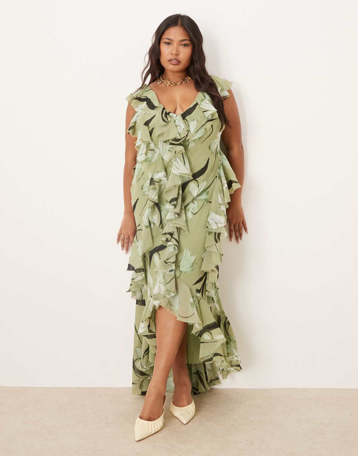 ASOS DESIGN Curve ruffle bias maxi dress with open back in green floral