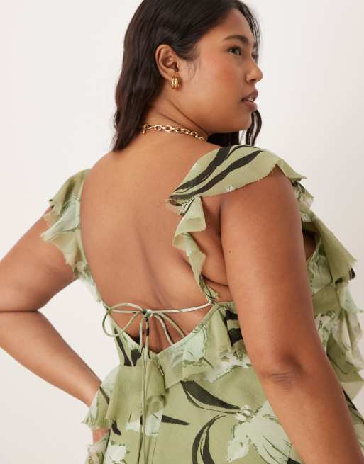 ASOS DESIGN Curve ruffle bias maxi dress with open back in green floral, 3 of 4