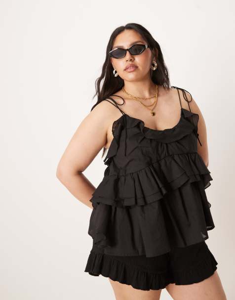 ASOS DESIGN Curve ruffle cami top with tie straps in black - view 1