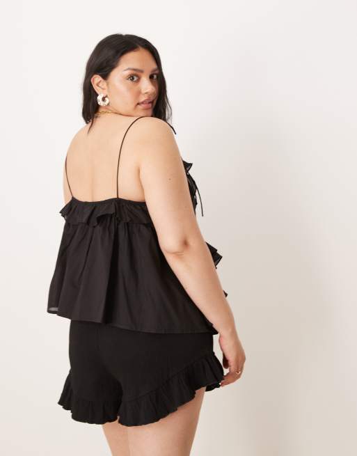ASOS DESIGN Curve ruffle cami top with tie straps in black, 3 of 4