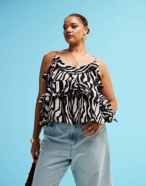 ASOS DESIGN Curve ruffle cami top with tie straps in zebra print, 2 of 4