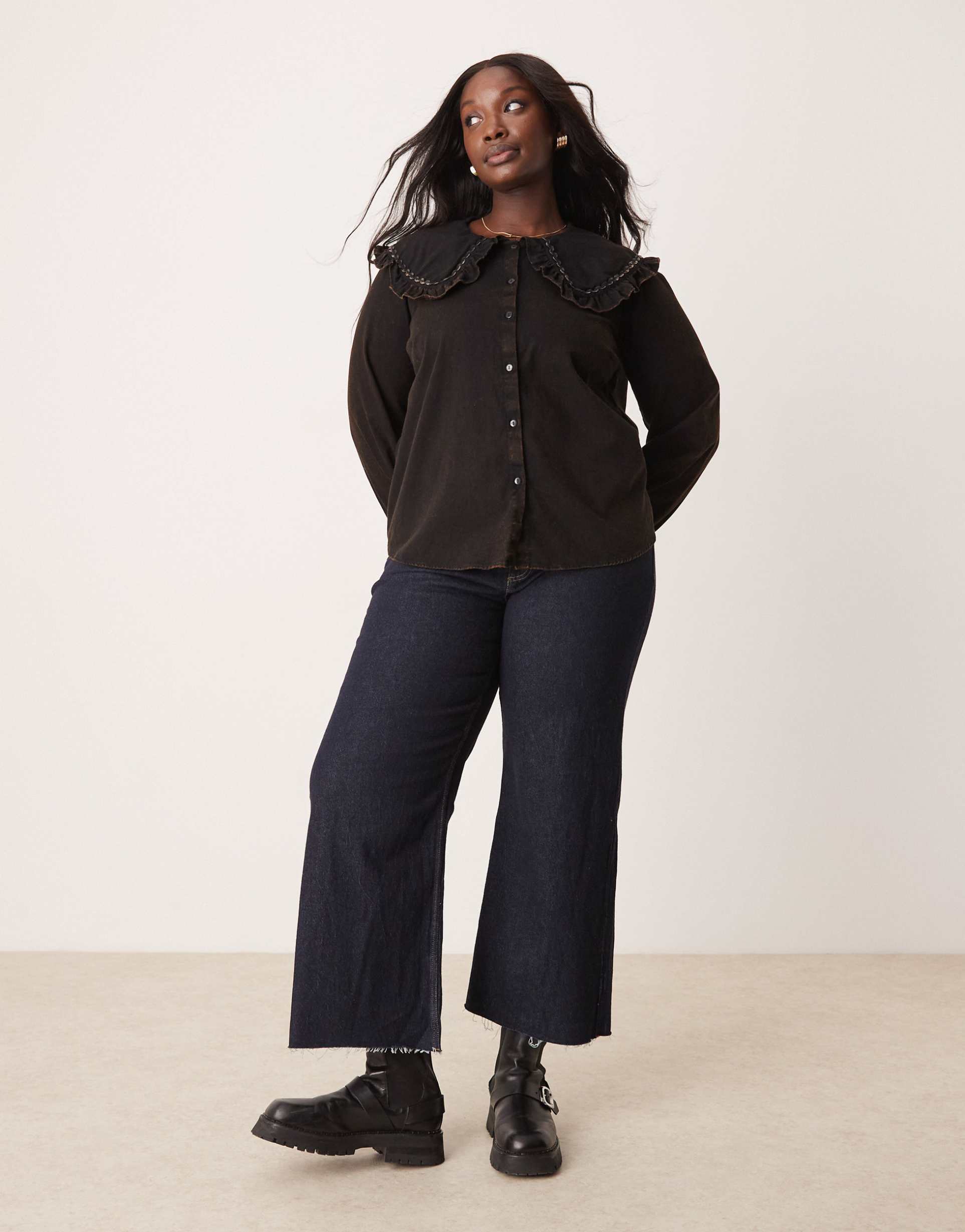 asos design curve ruffle collar shirt in washed twill