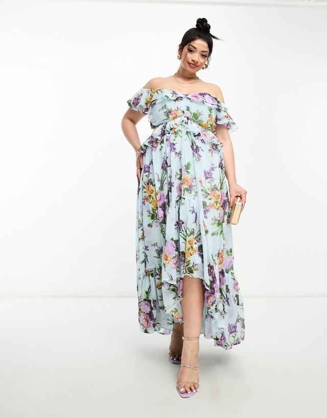 ASOS Curve - ASOS DESIGN Curve ruffle cut out off the shoulder maxi dress with hi low hem in blue floral print