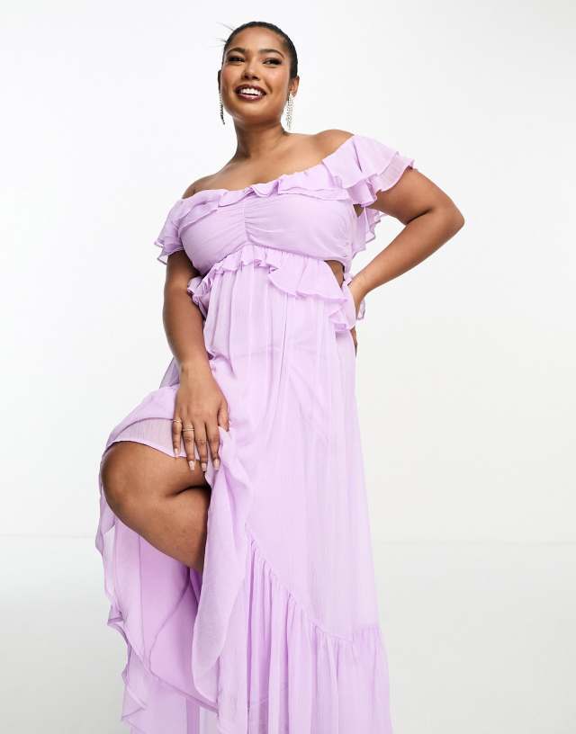 ASOS Curve - ASOS DESIGN Curve ruffle cut out off the shoulder maxi dress with hi low hem in lilac