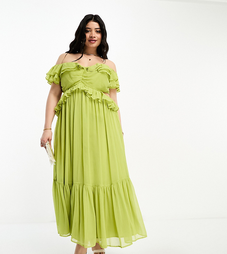 ASOS Curve ASOS DESIGN Curve ruffle cut out off the shoulder midi dress in olive green