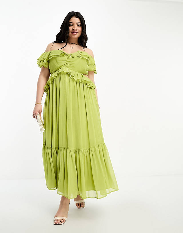 ASOS Curve - ASOS DESIGN Curve ruffle cut out off the shoulder midi dress in olive green
