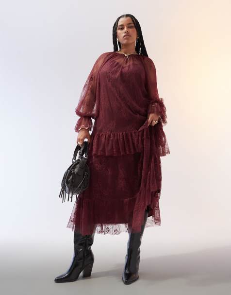 ASOS DESIGN Curve ruffle detail lace maxi dress in burgundy - view 1
