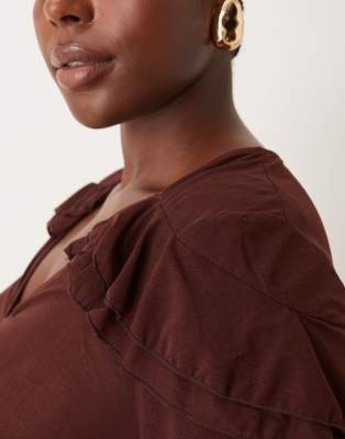 Asos Curve Asos Design Curve Ruffle Detail Mesh Blouse With Plunge Neck In Brown