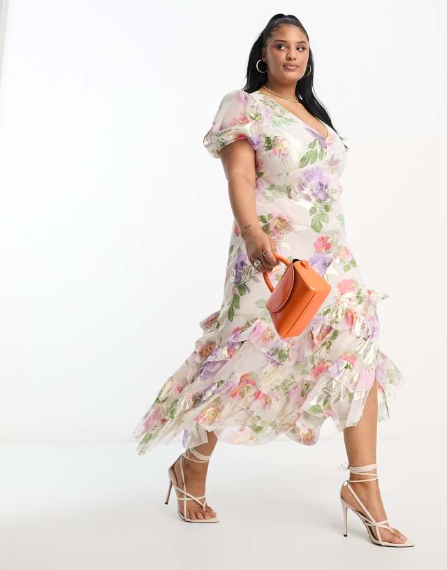 ASOS DESIGN Curve ruffle frill hem maxi dress in lurex rose print