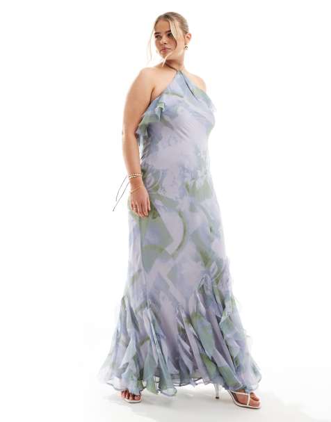 ASOS DESIGN Curve ruffle halter bias maxi dress with ruffle hem in soft floral print - view 1