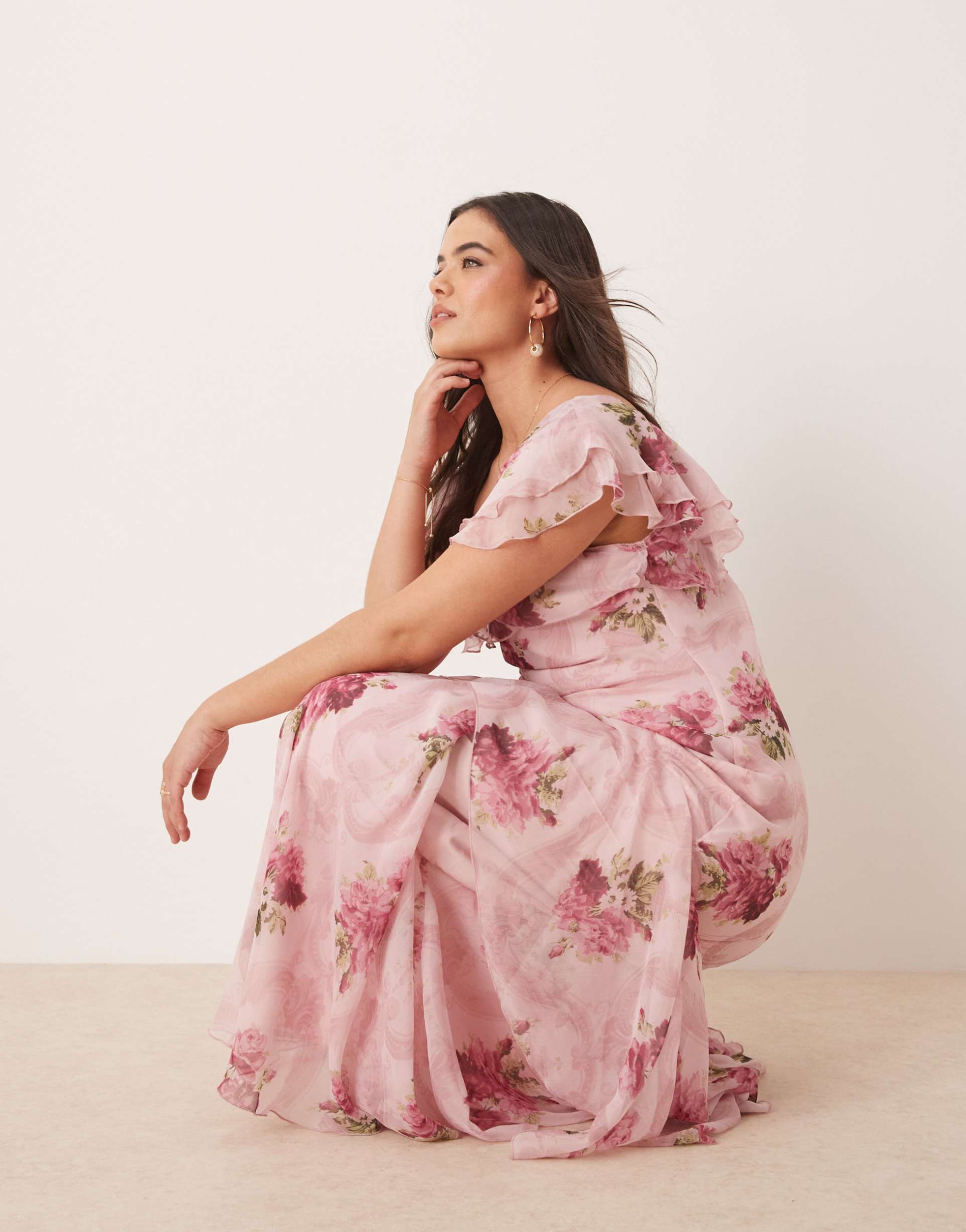 asos design curve ruffle maxi dress with flutter sleeves in pink floral print
