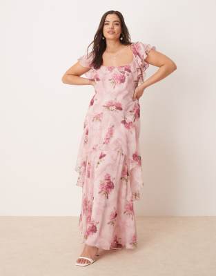 Asos Curve Asos Design Curve Ruffle Maxi Dress With Flutter Sleeves