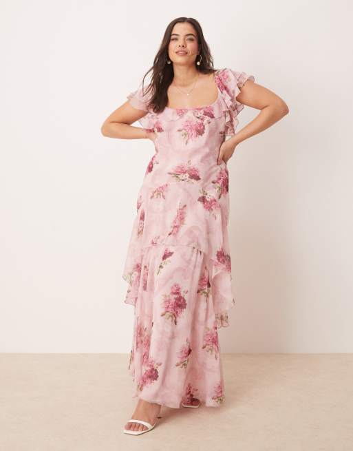 ASOS DESIGN Curve ruffle maxi dress with flutter sleeves in pink floral print