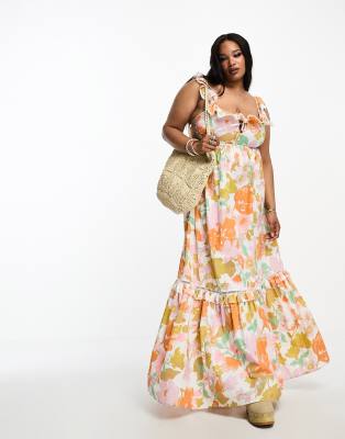 Asos Design Curve Ruffle Maxi Sundress With Lace Inserts In Retro Floral-Multi