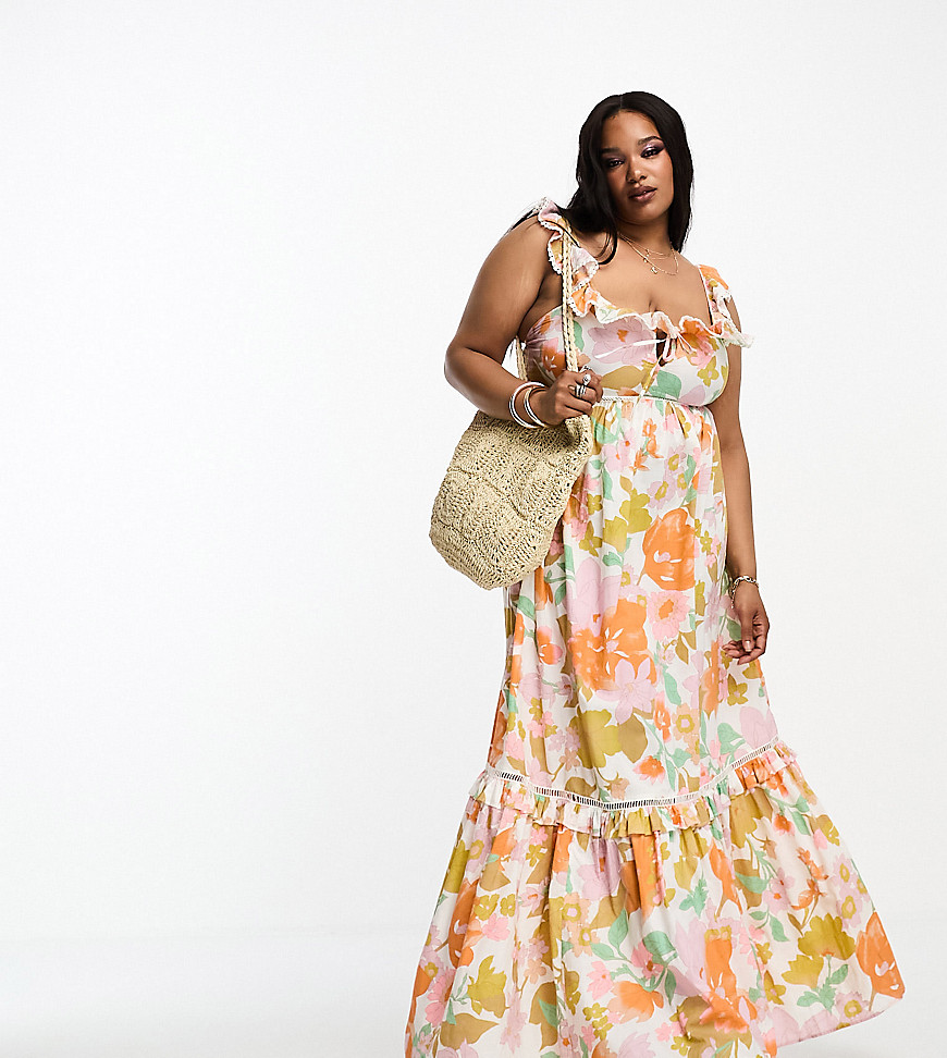 Asos Curve Asos Design Curve Ruffle Maxi Sundress With Lace Inserts In Retro Floral-multi