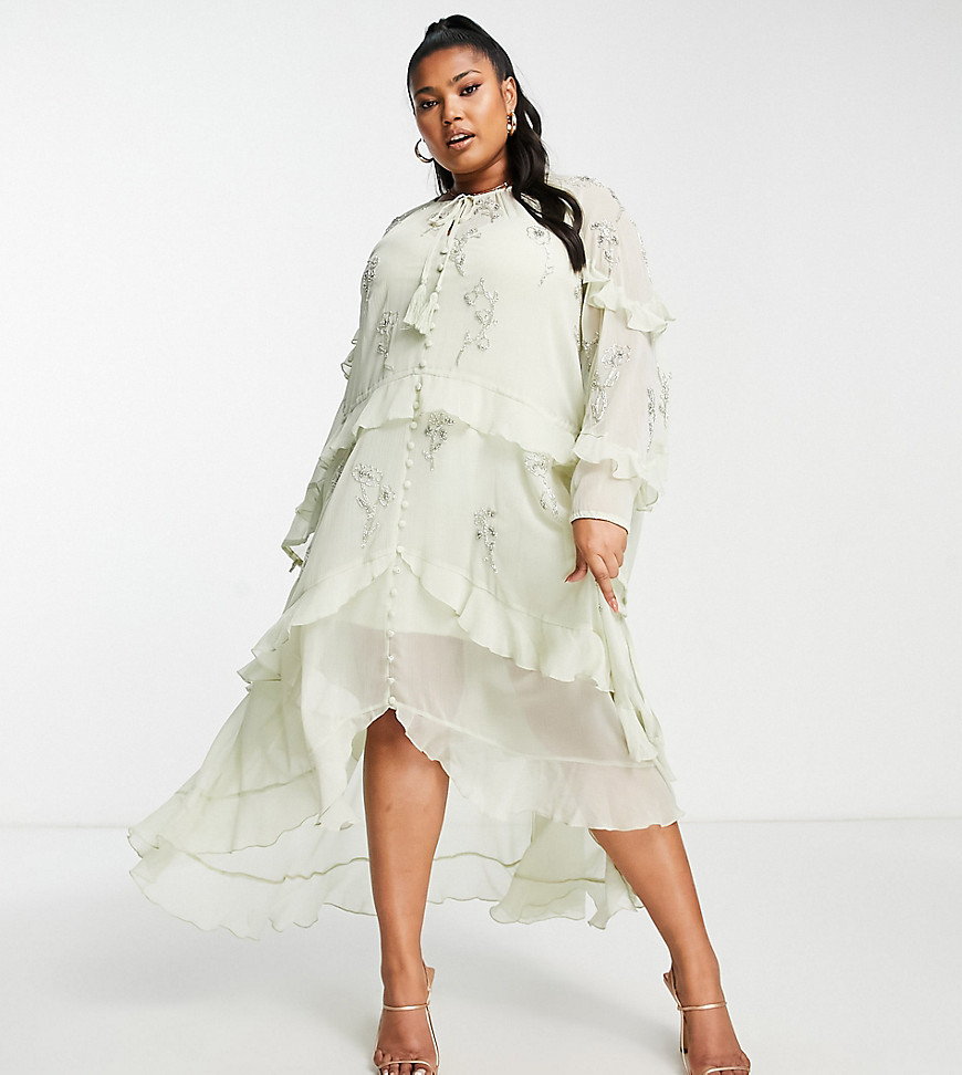 Asos Curve Asos Design Curve Ruffle Midi Dress With Floral Embellishment And Tie Details-green