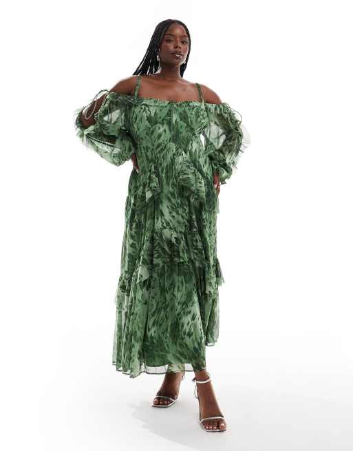 ASOS DESIGN Curve ruffle midi dress with open sleeves and ties in green floral print ASOS