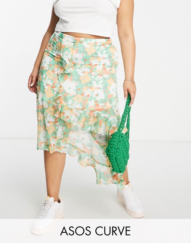 ASOS DESIGN Curve ruffle midi skirt in peach abstract floral