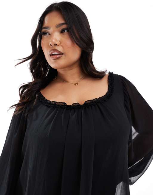 ASOS DESIGN Curve ruffle neck mini smock dress in black 
