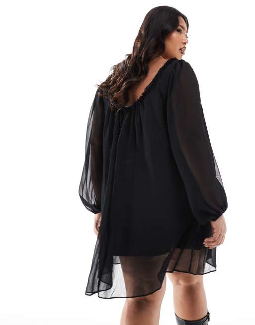 ASOS DESIGN Curve ruffle neck mini smock dress in black 