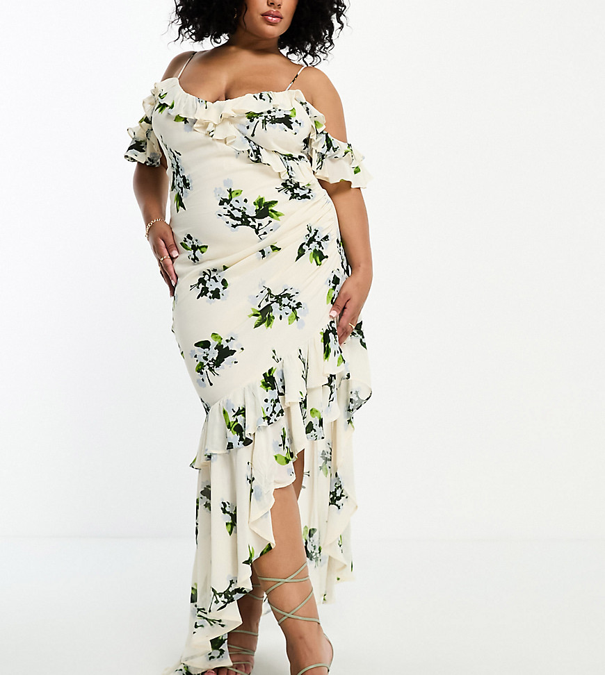Asos Curve Asos Design Curve Ruffle Off Shoulder Asymmetric Maxi Dress In Cream Floral Print-multi