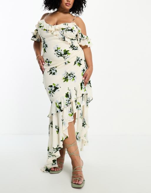 ASOS DESIGN Curve ruffle off shoulder asymmetric maxi dress in