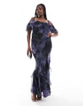 [ASOS Curve] ASOS DESIGN Curve ruffle off shoulder maxi dress with asymmetric godets in purple floral print-Multi 20 DUSKY FLORAL PRINT