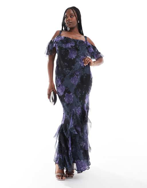 ASOS DESIGN Curve ruffle off shoulder maxi dress with asymmetric godets in purple floral print