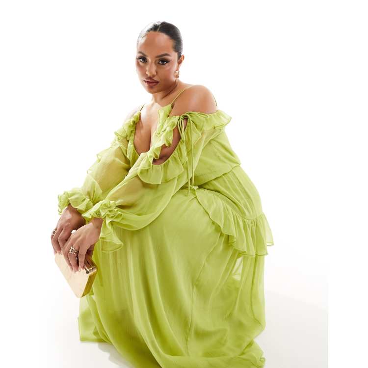 ASOS DESIGN Curve ruffle off shoulder midi dress in olive green | ASOS