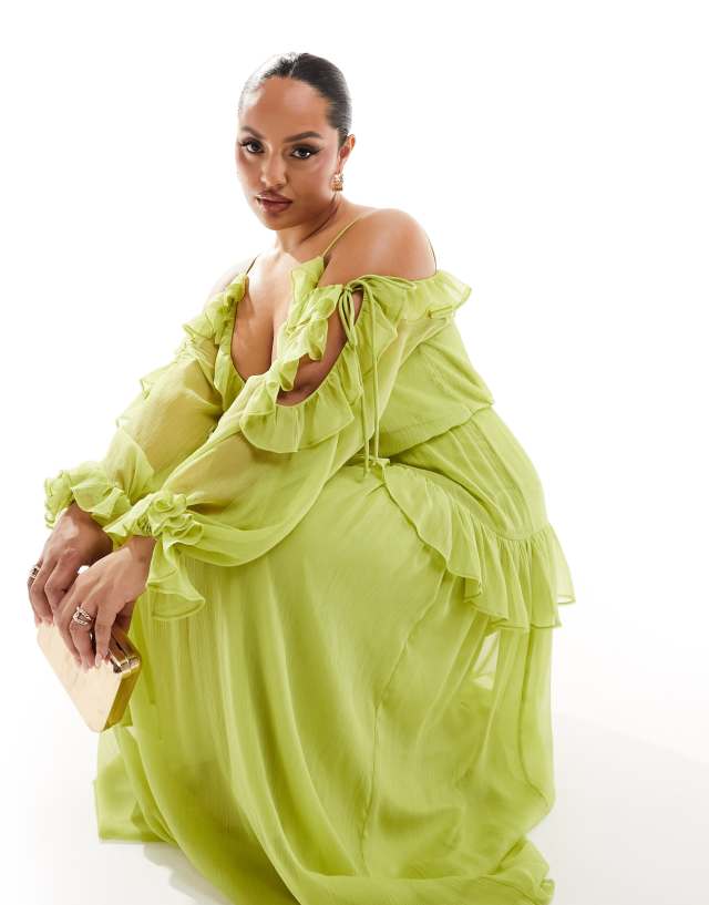 green ruffle dress asos DESIGN Curve off shoulder midi in olive Featuring a delicate floral