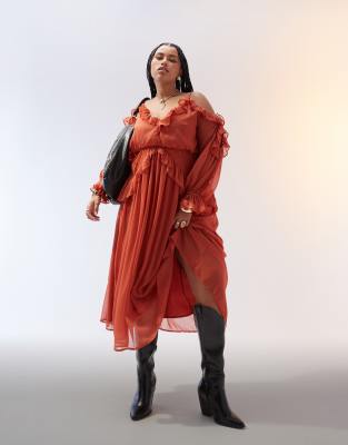 ASOS DESIGN Curve ruffle off shoulder midi dress in rust - view 1