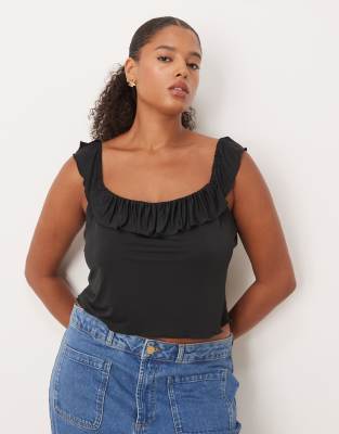 Asos Curve Asos Design Curve Ruffle Scoop Neck Crop Top In Black