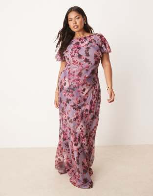Asos Curve Asos Design Curve Ruffle Sleeve High Neck Maxi Dress In Multi