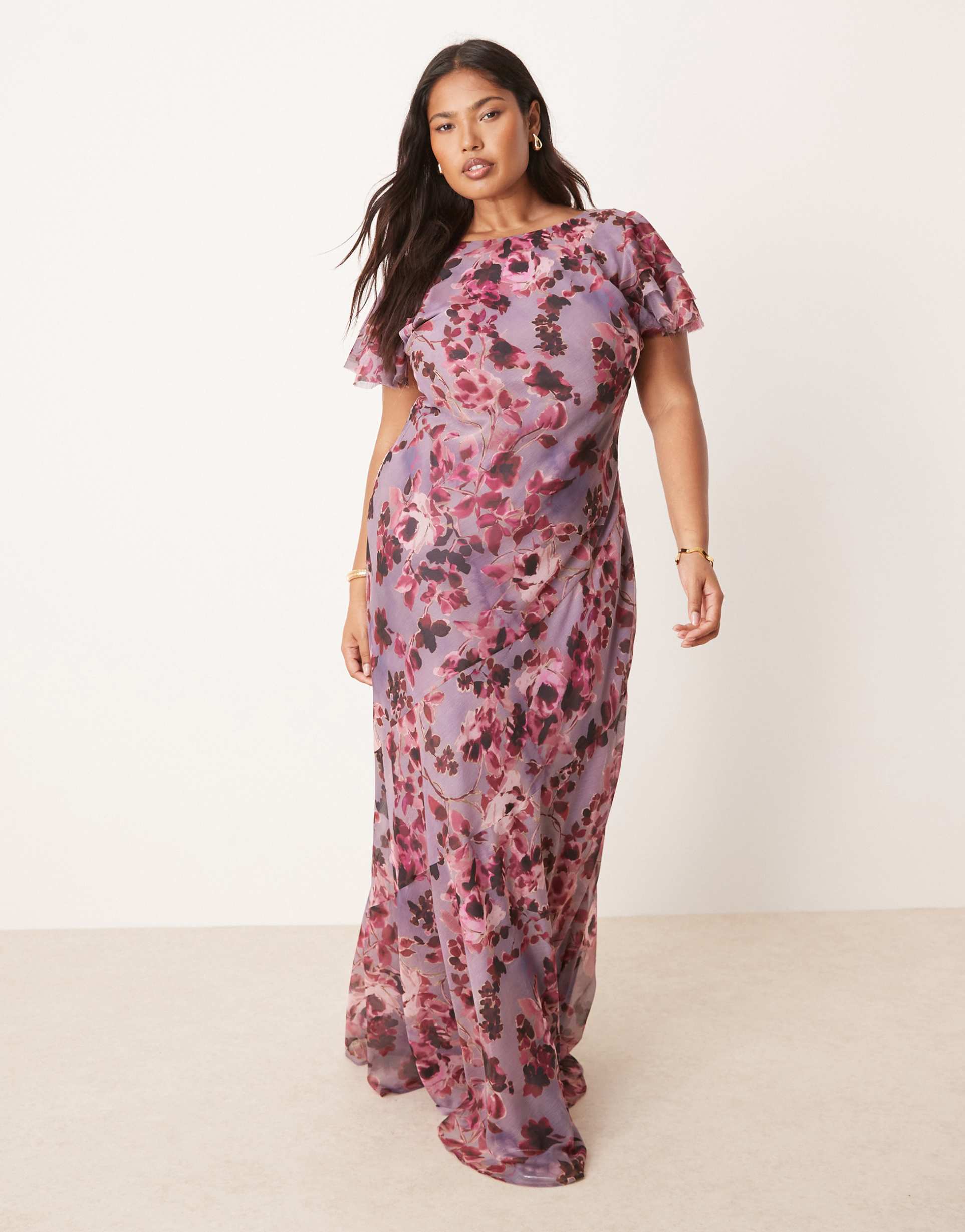 asos design curve ruffle sleeve high neck maxi dress in vintage floral print