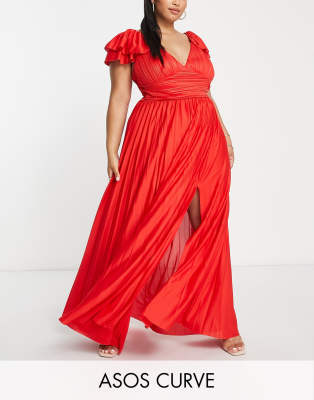 ASOS Curve ASOS DESIGN Curve ruffle sleeve pleated maxi dress in red