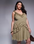 [ASOS Curve] ASOS DESIGN Curve ruffle strap detail mini dress with gold trim in khaki-Green 22 KHAKI