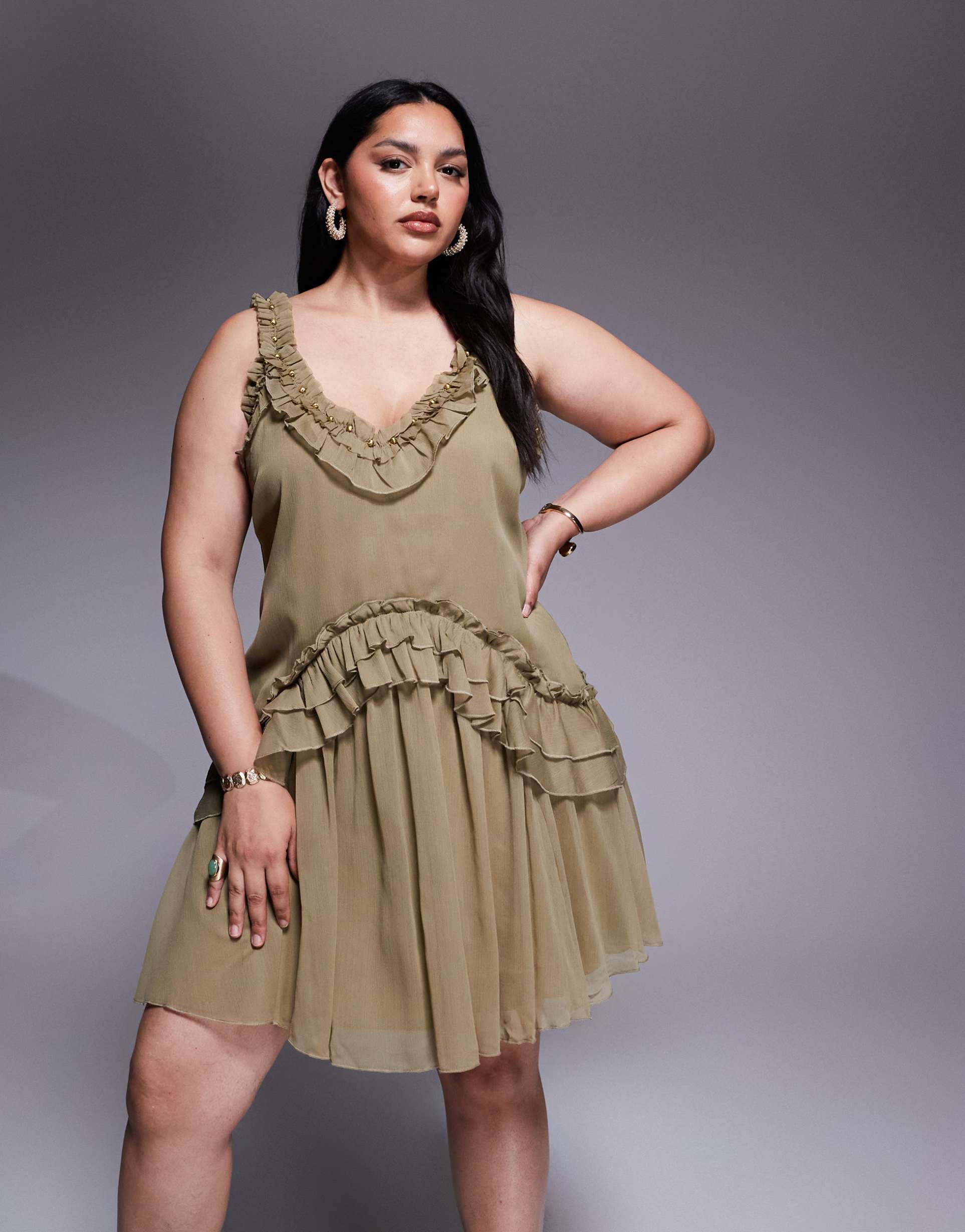 asos design curve ruffle strap detail mini dress with gold trim in khaki