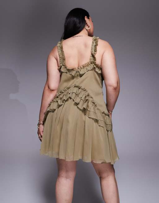 ASOS DESIGN Curve ruffle strap detail mini dress with gold trim in khaki, 3 of 4