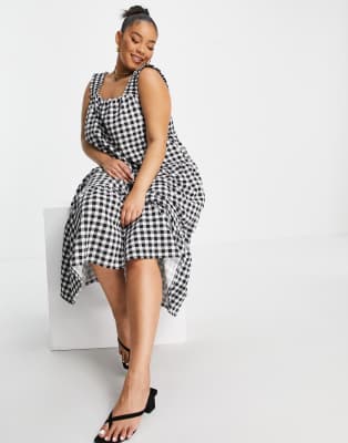 gingham ruffle strap midi dress